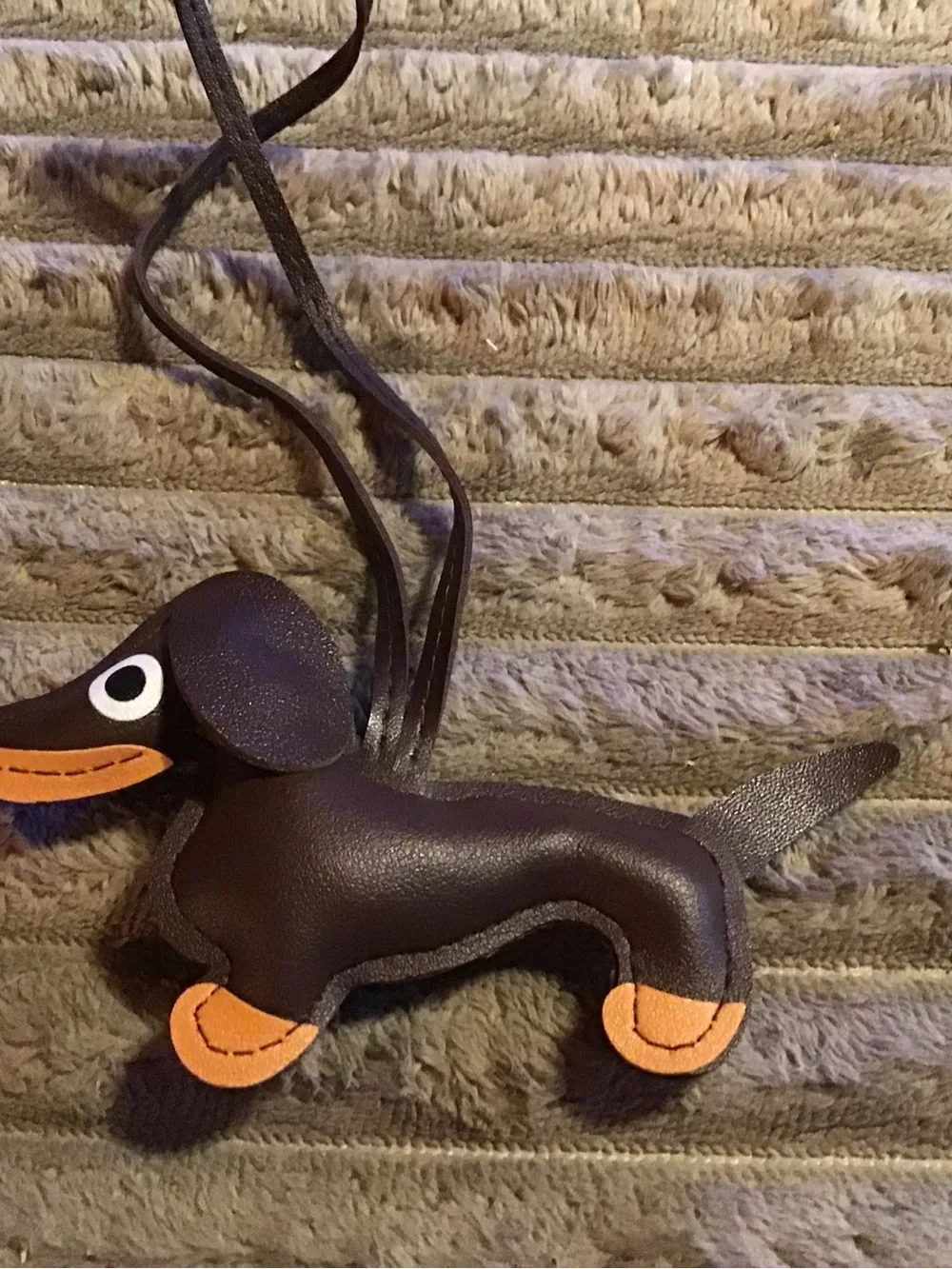 Dachshund Leather Charm Pendant - Dark Brown with Orange Accents